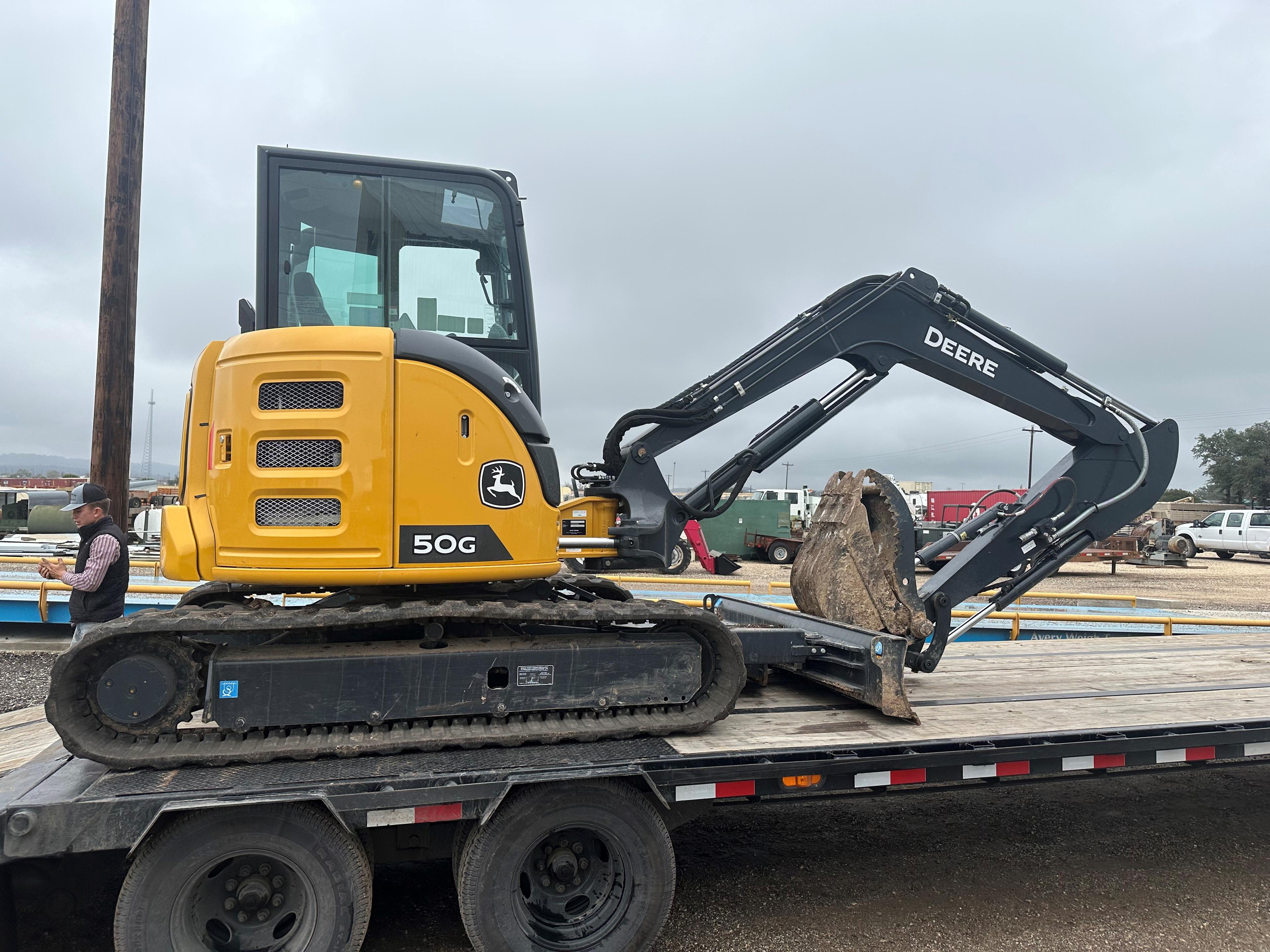 John Deere 50G Mini Excavator — 10,847LB Operating Weight, 11’7” Dig Depth, 19’7” Max Reach, 36HP Yanmar Diesel, Enclosed Cab, Hydraulic Thumb