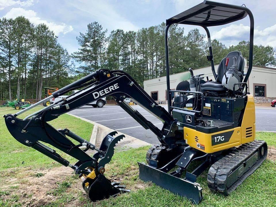 John Deere 17G Mini Excavator — 3,790LB Operating Weight, 7’2” Dig Depth, 12’6” Max Reach, 14.5HP Yanmar Diesel, Hydraulic Thumb, Open ROPS Canopy